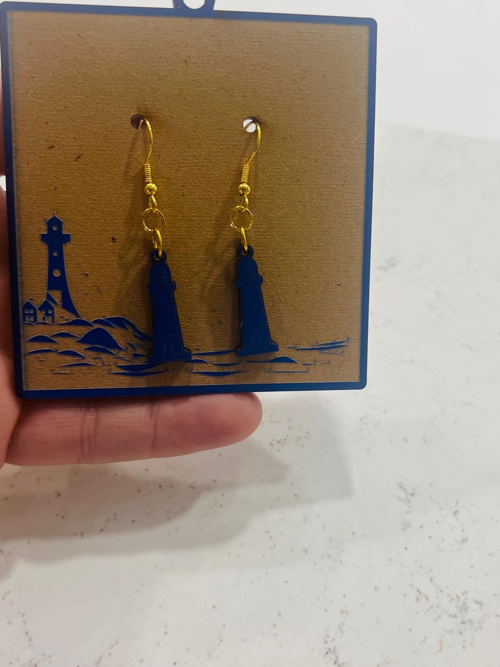 Navy Lighthouse Dangle Earrings with Gold Hooks